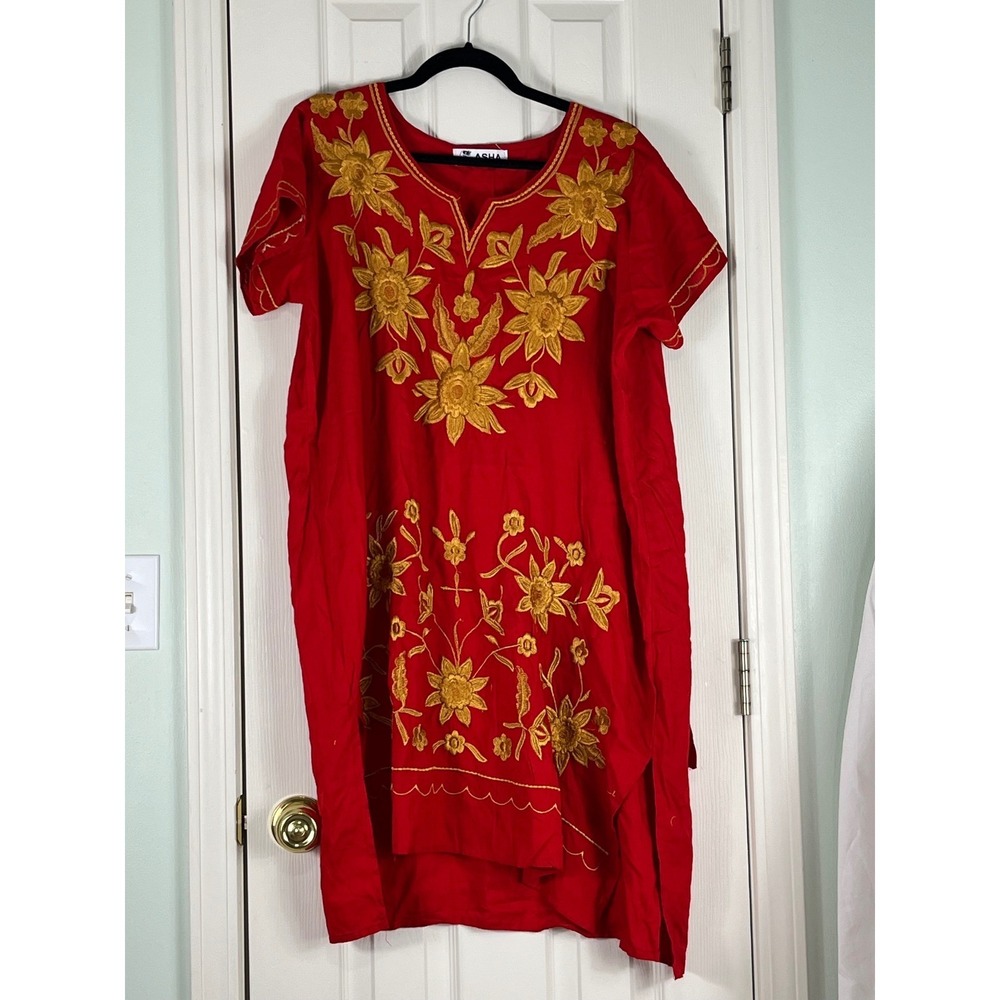 Asha Red Gold Floral Embroidered Tunic Dress Rayon Short Sleeve Boho One Size